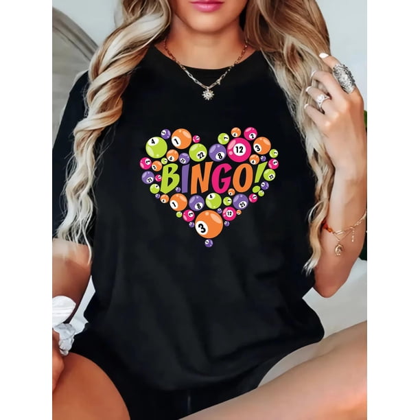 Plus Size Women's Casual T-Shirt with Bingo Print - Short Sleeve, Round Neck, Machine Washable - Spring/Summer Fashion Tee For Adult, Men, Women, Teen, Teenager, Adolescent, Youth