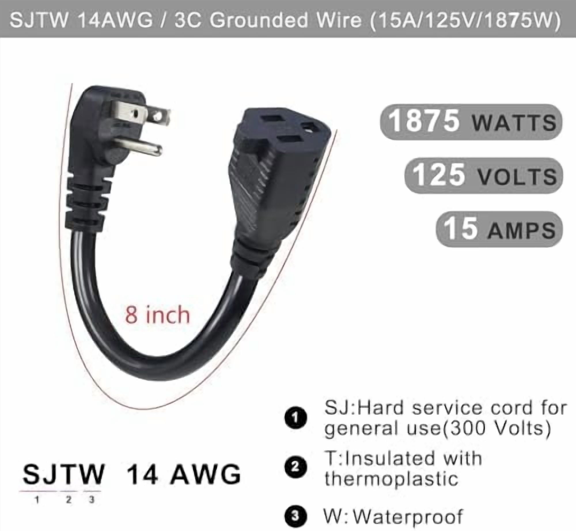 YNGLLC Short Power Extension Cord - Low Profile Wall Head 6 Inch 14AWG/3C SJTW Heavy Duty Extension Cable for Indoor/Outdoor, 90-Degree Flat Plug 15A/125V 1875W NEMA 5-15P to NEMA 5-15R, Black 4-Pack