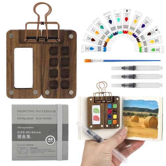 Mini Portable Watercolor Palette Set Watercolor Kit with 3 Brushes Painting Book Watercolor Paint Set for Beginners, 8 Grid, Wood