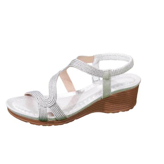 CYMMPU Women's Glitter Crisscross Strap Wedge Sandals, Open Toe Slip On Slingback Summer Outdoor Footwear Silver 42