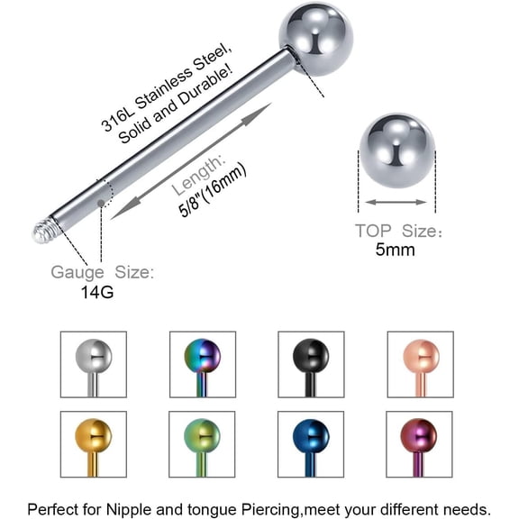 GHRTGR-14G Mix-color Stainless Steel Tongue Barbell Nipple Rings Straight Barbell Tongue Piercing Bars 5/8" Length(16mm) With 5mm Replacement Balls