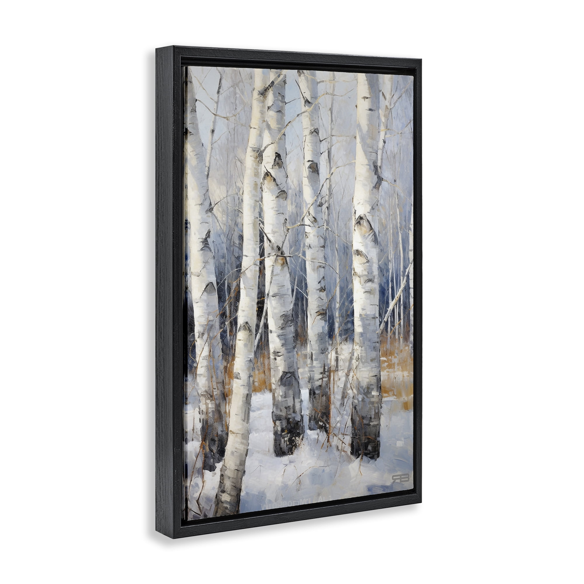 Stupell Industries Snowy Birch Forest Landscape Painting Black Floater Framed Art Print Wall Art, 21 x 31