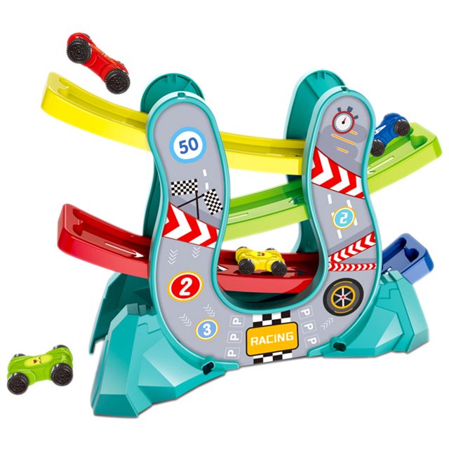 AMERTEER 4-layers Race Track Toy for Toddler with 4pcs Cars U-shaped Car Slide Track Toy Hand-eye Coordination Training Car Ramp Toy Enhance Parent-children Relationship Racing Track Toy