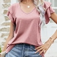 thumbnail image 2 of Camiseta de verano holgada, de doble capa y fluida para mujer, cuello en V, manga corta con volantes, 2 of 6