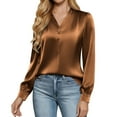 thumbnail image 5 of Dazajoo Womens Business Casual Tops Dressy Work Long Sleeve Shirts Cute Silk Satin V Neck Blouses,Coffee,L, 5 of 9