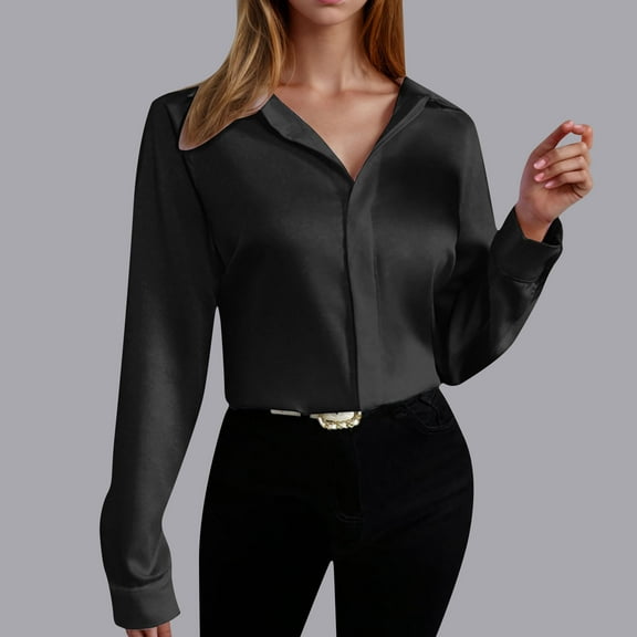 Sevevn Long Sleeve Tops for Women Women's Solid Color Flip Collar Fall And Winter Long Sleeve Loose Blouse Tops Rollbacks