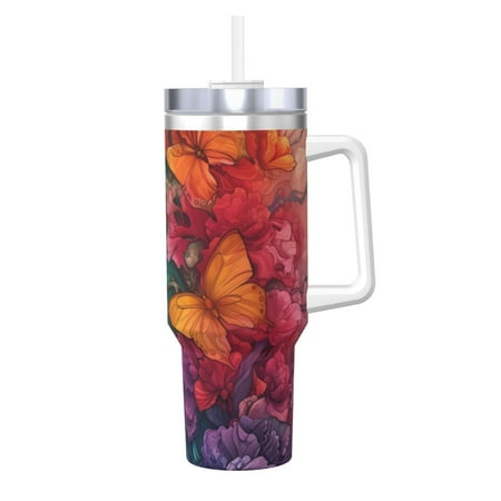

Gaeub Butterfly Flower Cascade Print Stainless Steel Hot/Cold Coffee Cup 40oz Ice Bully Cup With Handle And Straw Travel Coffee Cup