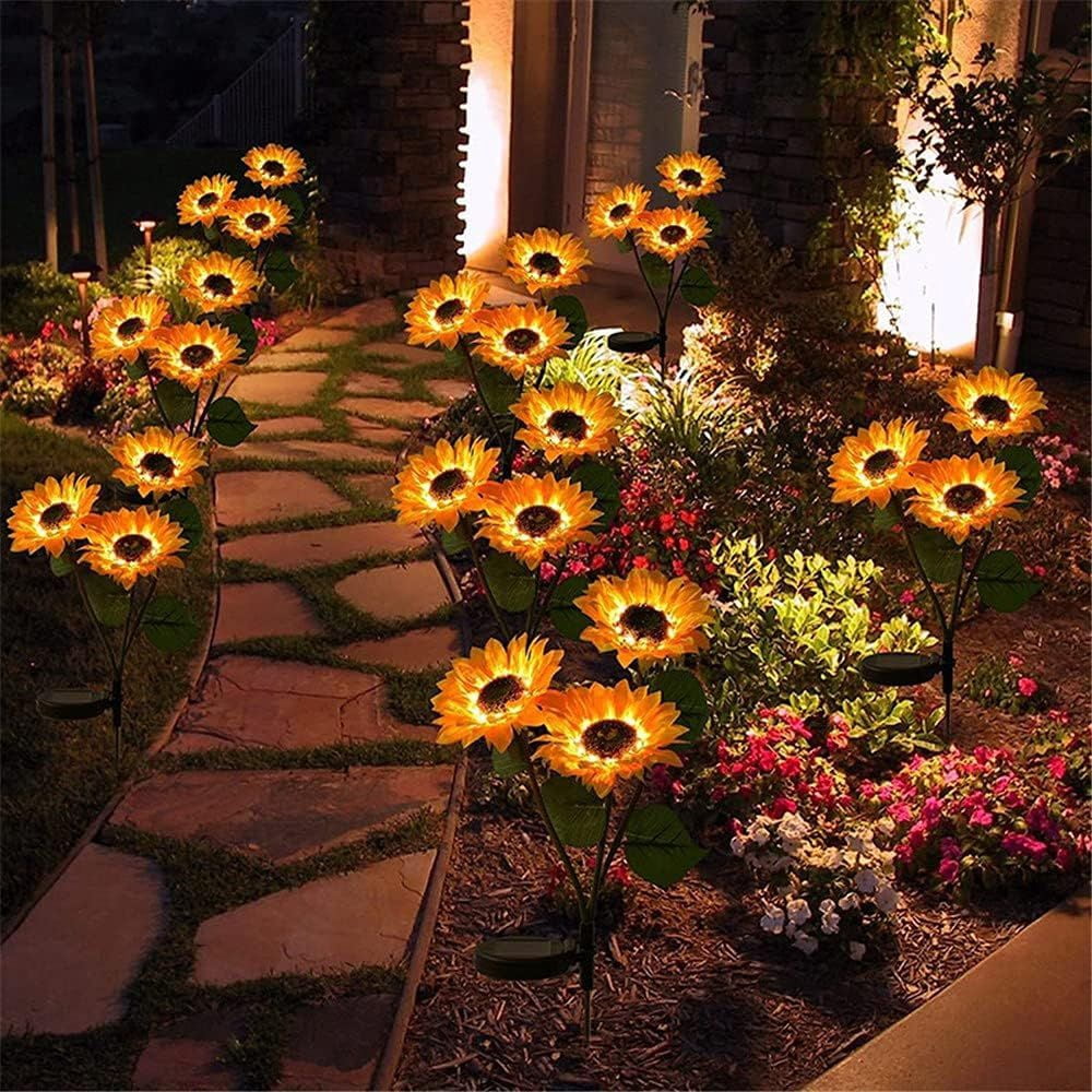 2 Pack Flashing Outdoor Solar Garden Stake Lights,Upgraded LED Solar Powered Light with 3 Heads Sunflower, Waterproof Solar Decorative Lights for Garden, Patio, Backyard
