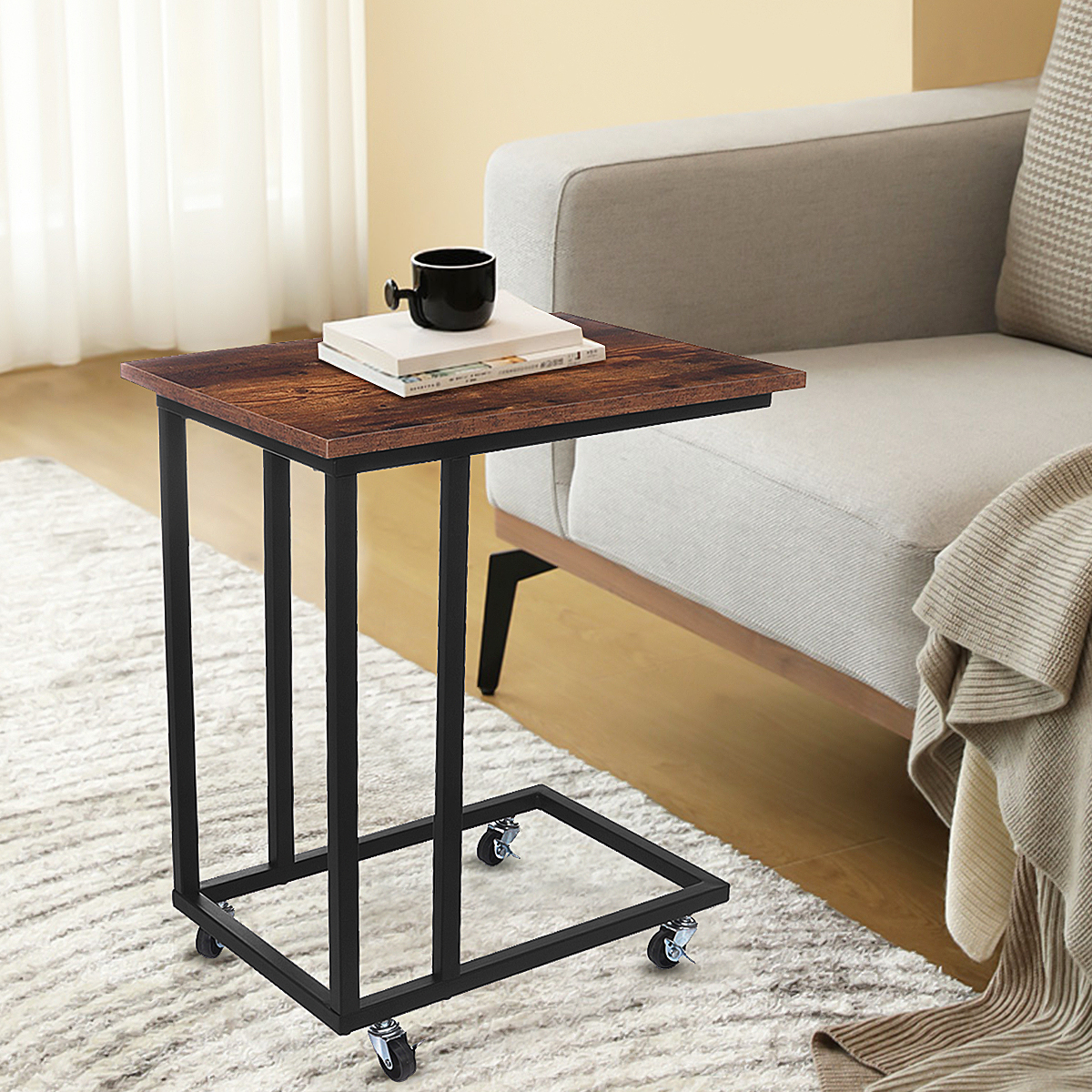 Mobile C Shape Side Table Sofa Couch Side Table Tray for Snack Coffee