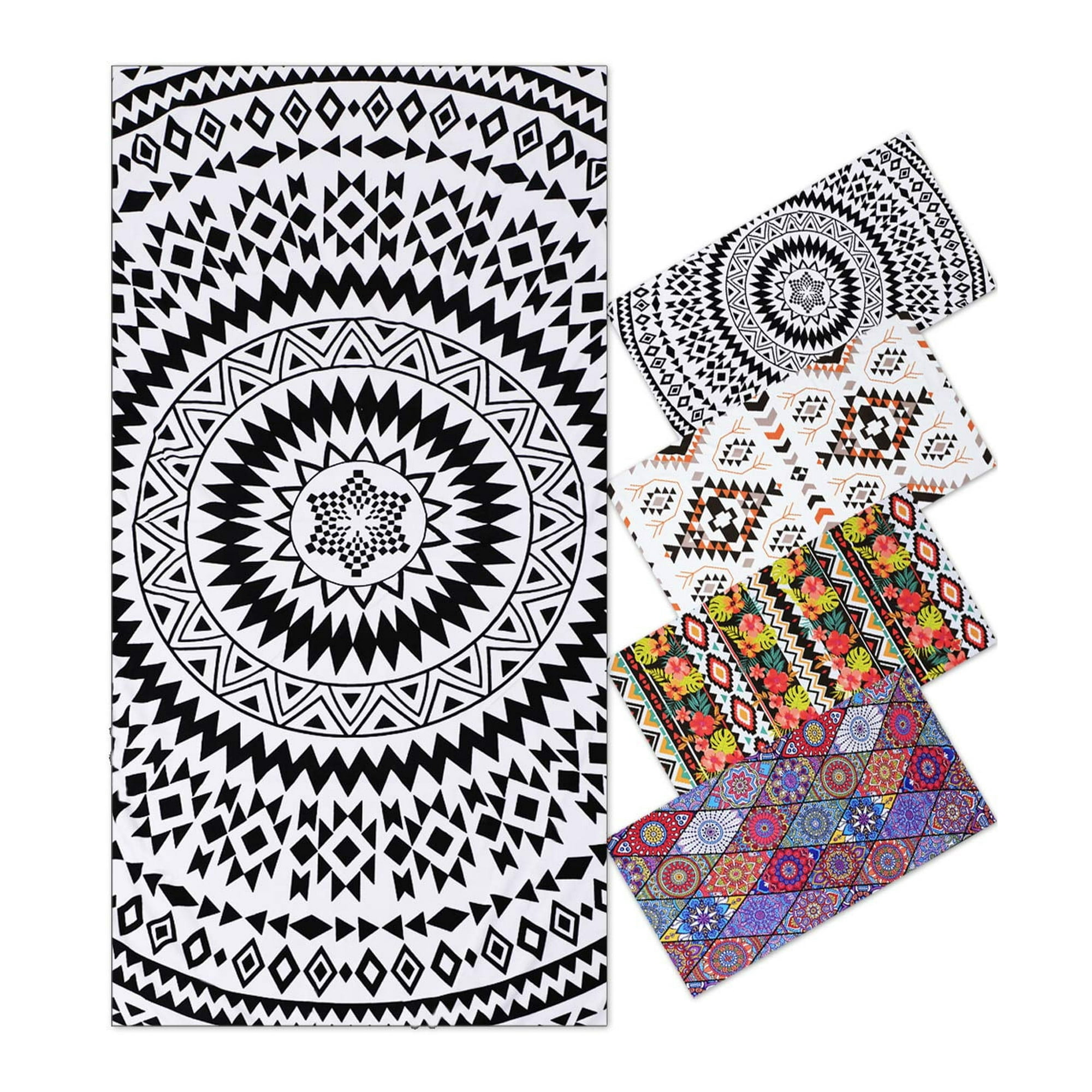 74x36 Inches Oversized Microfiber Beach Towel for Adults, Extra Large Xl Big Giant Quick Fast Dry Travel Pool Stuff Black White Boho Bohemian Mandala