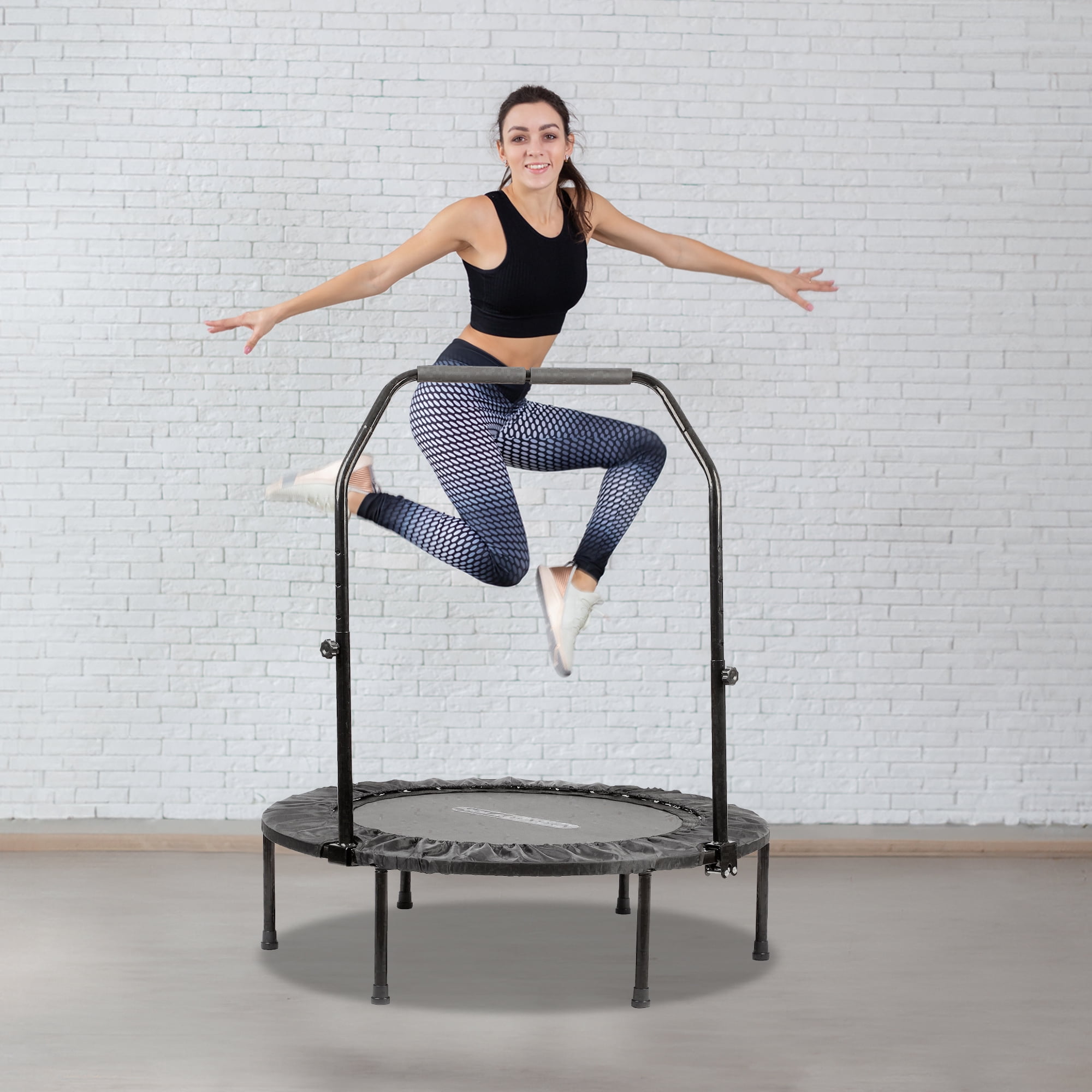 HolaHatha 40 Inch Foldable Mini Trampoline with Adjustable Handle, Black