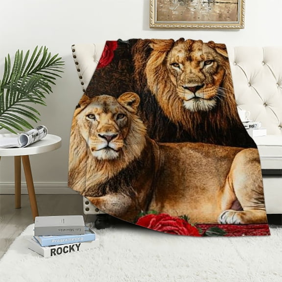 BCIIG Lion Throw Blanket Red Rose  Blanket for Men Women,Woodland Wildlife Blanket African Safari Animals Big Cat Spot Blanket Romantic Floral Wild Animal Room Decor 50x60in