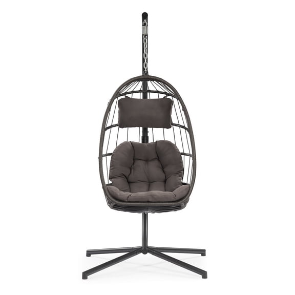 Dark Gray Foldable Wicker Hanging Egg Chair with Stand, 350 Lbs Capacity