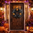 thumbnail image 4 of 12 Inch Black Eucalyptus Halloween Wreath, Artificial Floral Door Wreath with Pumpkin Cutouts for Front Porch Indoor Door Halloween Party Gothic Home Decor, 4 of 7