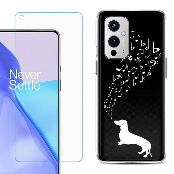 Slim-Fit TPU Phone Case Compatible with OnePlus 9 5G, with Tempered Glass Screen Protector, by OneToughShield ® - Dachshund/Puppy Music