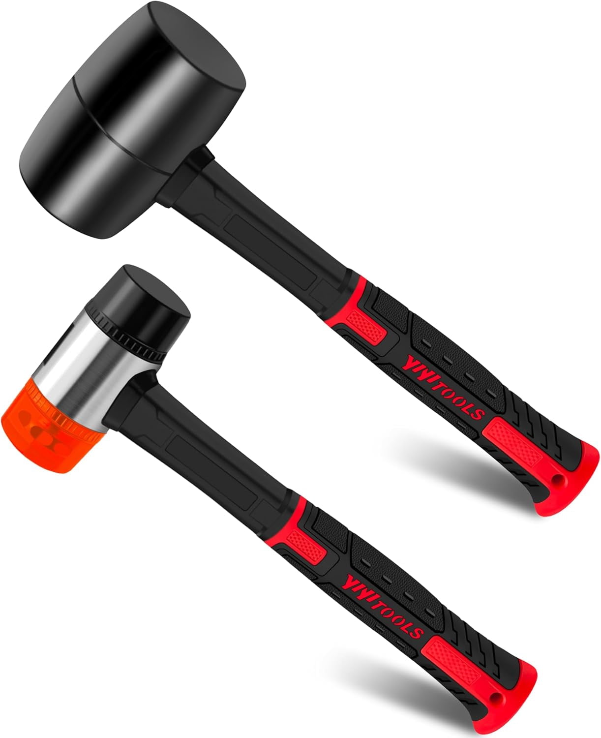 RGHJAR-2Pcs Hammer Set, 16oz Rubber Mallet Hammer and 40mm Double-Faced Soft Hammer, Solid Head, Fiberglass Handle, Ergonomic Grip, 2-Piece Rubber Mallet Set for Flooring,Tent,Woodworking,Camping