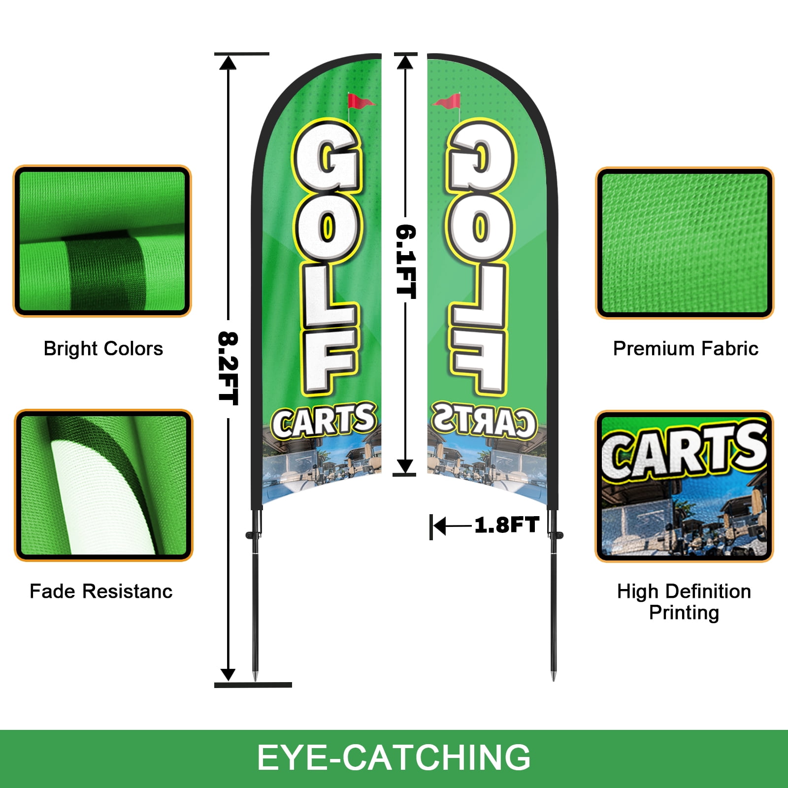 QSUM Golf Carts Advertising Swooper Flag Sign, Golf Carts Feather Flag Pole Kit with Ground Spike, 7Ft Advertising Feather Banner Sign for Golf Carts Business