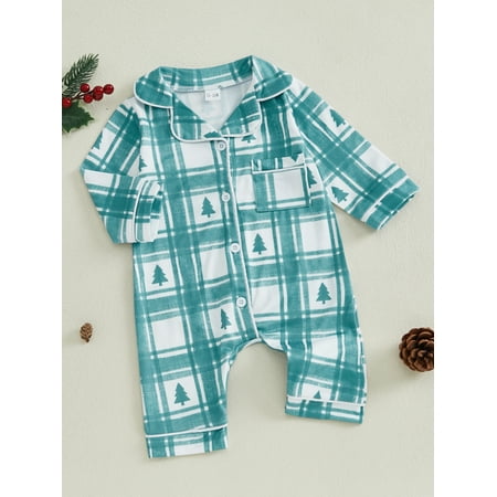

Mama s sunshine Baby Boy Girl Christmas Pajamas Long Sleeve Lapel Christmas Tree Print Plaid Jumpsuits Pajama