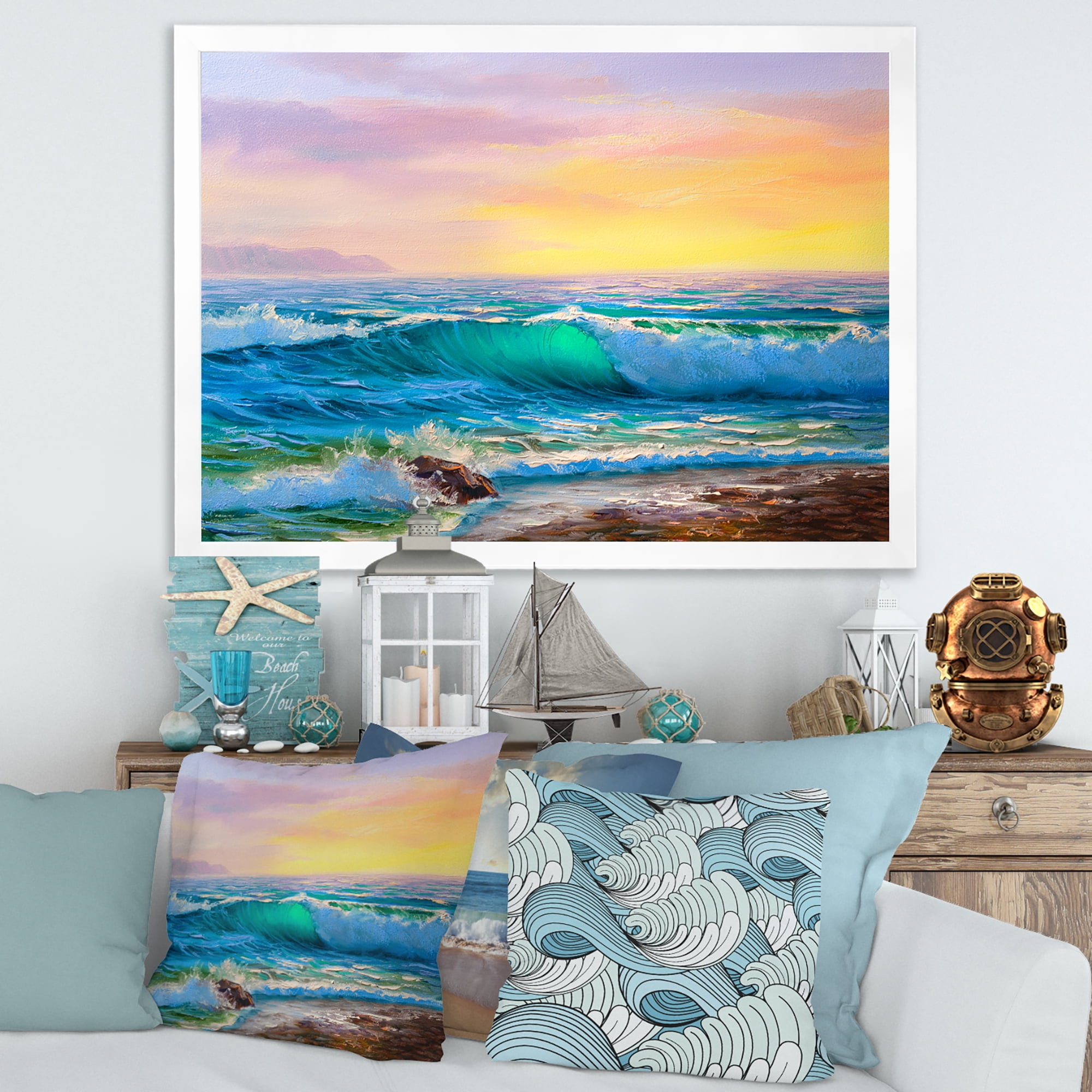 Designart 'Blue Waves Breaking At The Beach Landscape IV' Nautical & Coastal Framed Art Print