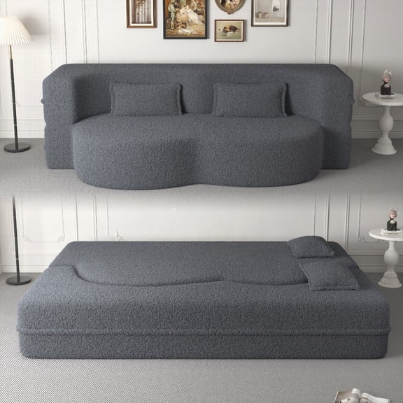 Modern Convertible Sofa with 2 Pillows, 15" Full Size, Grey Fabric