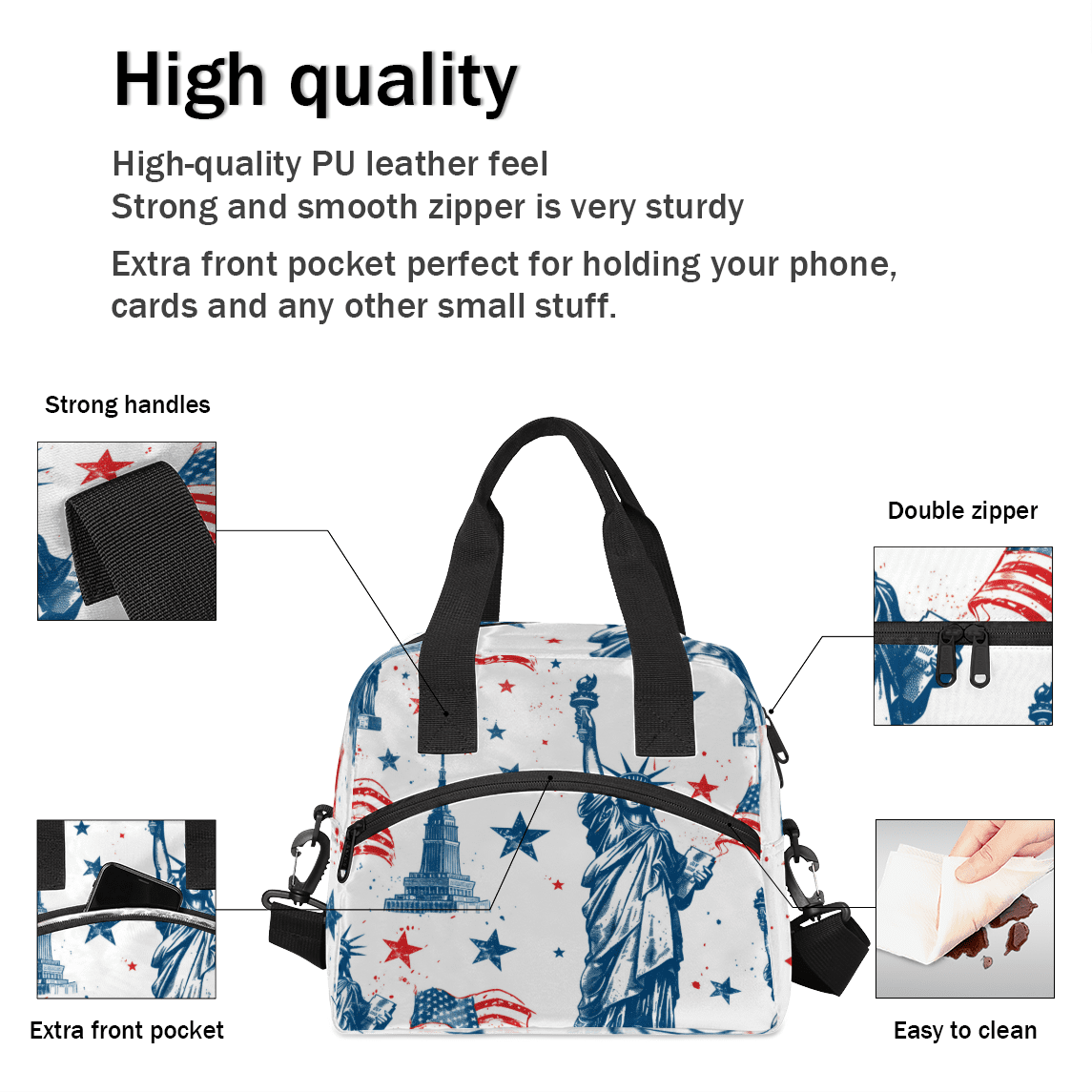 Herdesigns American Flag Insulated Lunch Bag for Women Men Adults Large Reusable Lunch Box Statue of Liberty Leakproof Cooler Tote Bags with Adjustable Shoulder Strap