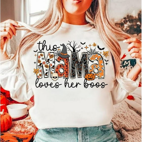 This Mama Loves Her Boos Halloween Sweatshirt, Spooky Season Shirt with Cute Ghosts, Personalized Fall Outfit with Kids' Names for Mom
