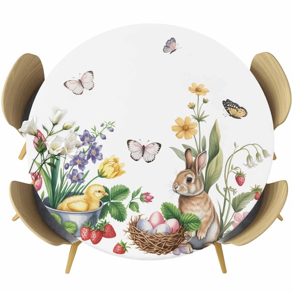 Spring Easter Round Tablecloth, Fitted Table Cover with Elastic for 45"-54" Round Tables, Country Bunny Chick Floral Butterflies Watercolor Table Cloth Outdoor Dinning Party Waterproof Tablecloths