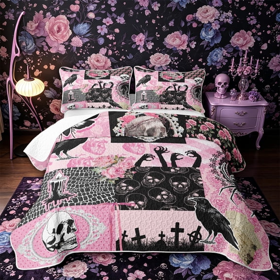 Castle Fairy Dark Coquette Skull Raven Twin Quilt Set,Vintage Romantic Floral Butterfly Twin Coverlet Set,Pink Black