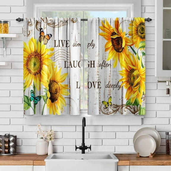 Sunflower Floral Kitchen Curtains - Flowers Butterfly Short Curtains Old Rustic Wood Barn Door Farmhouse Decor for Home Dining Living Room Rod Pocket Window Drapes 2 Panels Set, 28"x36"