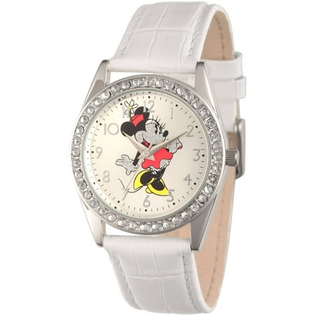 Disney, Glitter Minnie Mouse Women's Silver Alloy Glitz Watch, White Leather Strap