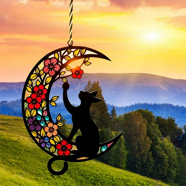 Stained Glass Window Hanging Pendant Featuring Kitten Design with Crescent Moon and Floral Motif