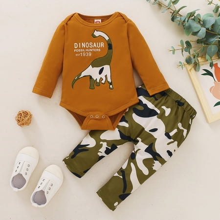 

Simplmasygenix Baby Tops Set Summer Outfits Infant Baby Boys Girls Letter Dinosaur Print Tops+Camouflage Pants Outfits Sets