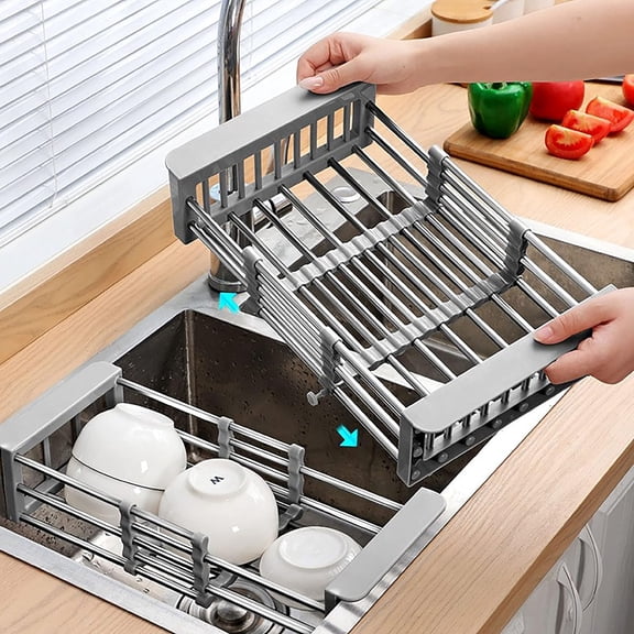 Retractable Stainless Steel Kitchen Dish Drying Rack, Sink Draining Basket, Fruit and Dish Rack, Dish Washing Basket, Draining Bowl Rack, Shelf