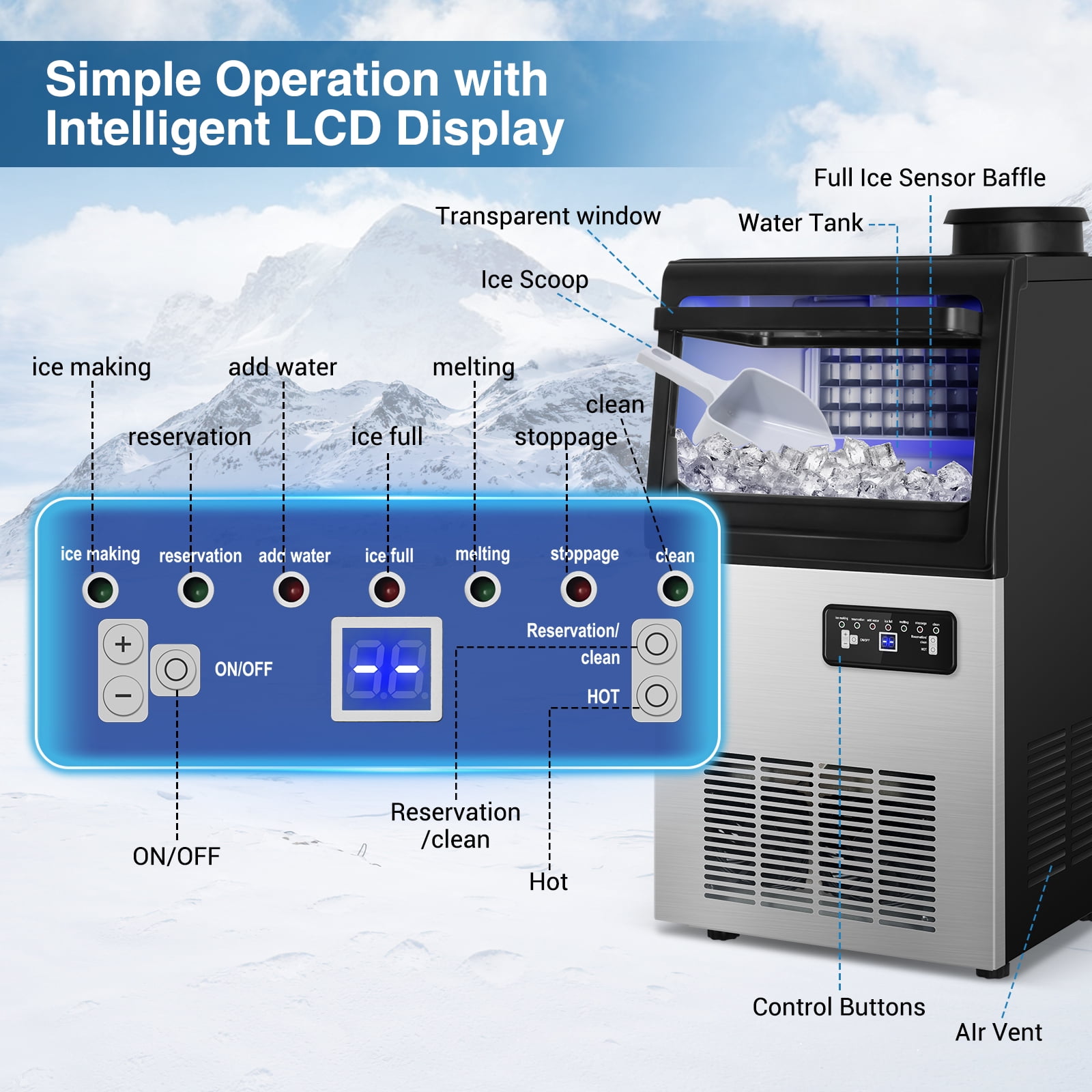 RSTLL 88lbs/24H Commercial Ice Maker Machine,Under Counter,with 15 lbs Storage Capacity,4x9 Cubed Ice,Freestanding Ice Maker for Home