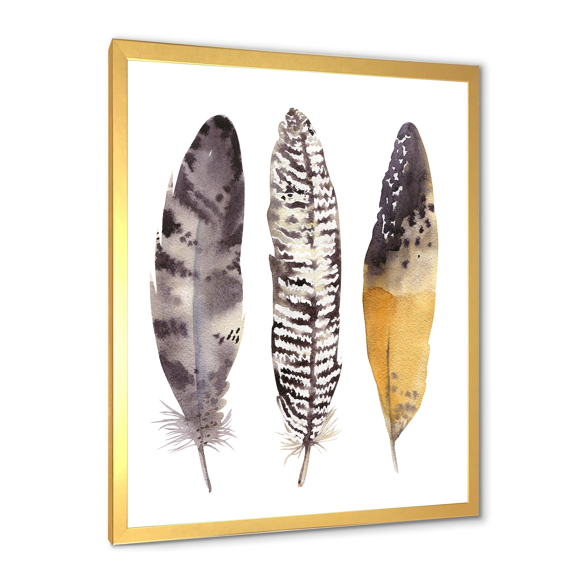 Designart 'Boho Ethnic Art Dark Gray Feathers III' Bohemian & Eclectic Framed Art Print