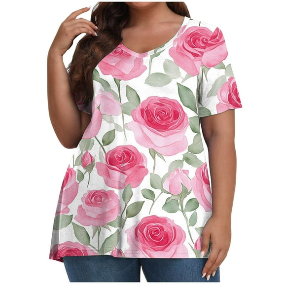 Puyaiuu New Summer Tops for Women Fashion V-Neck Short Sleeve Blouses & Shirts Print Skin-Friendly Blouses for Women T-Shirts Plus Size