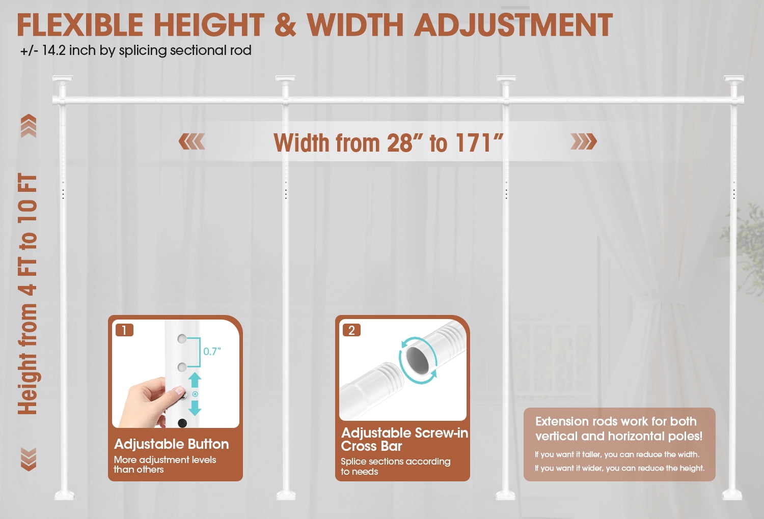SUNALLY Room Dividers Curtain Rod No Drilling, 4-10ft(H) 28-171inch(W) Adjustable Room Separator for Space Partition, Heavy Duty Floor to Ceiling Tension Rod, White