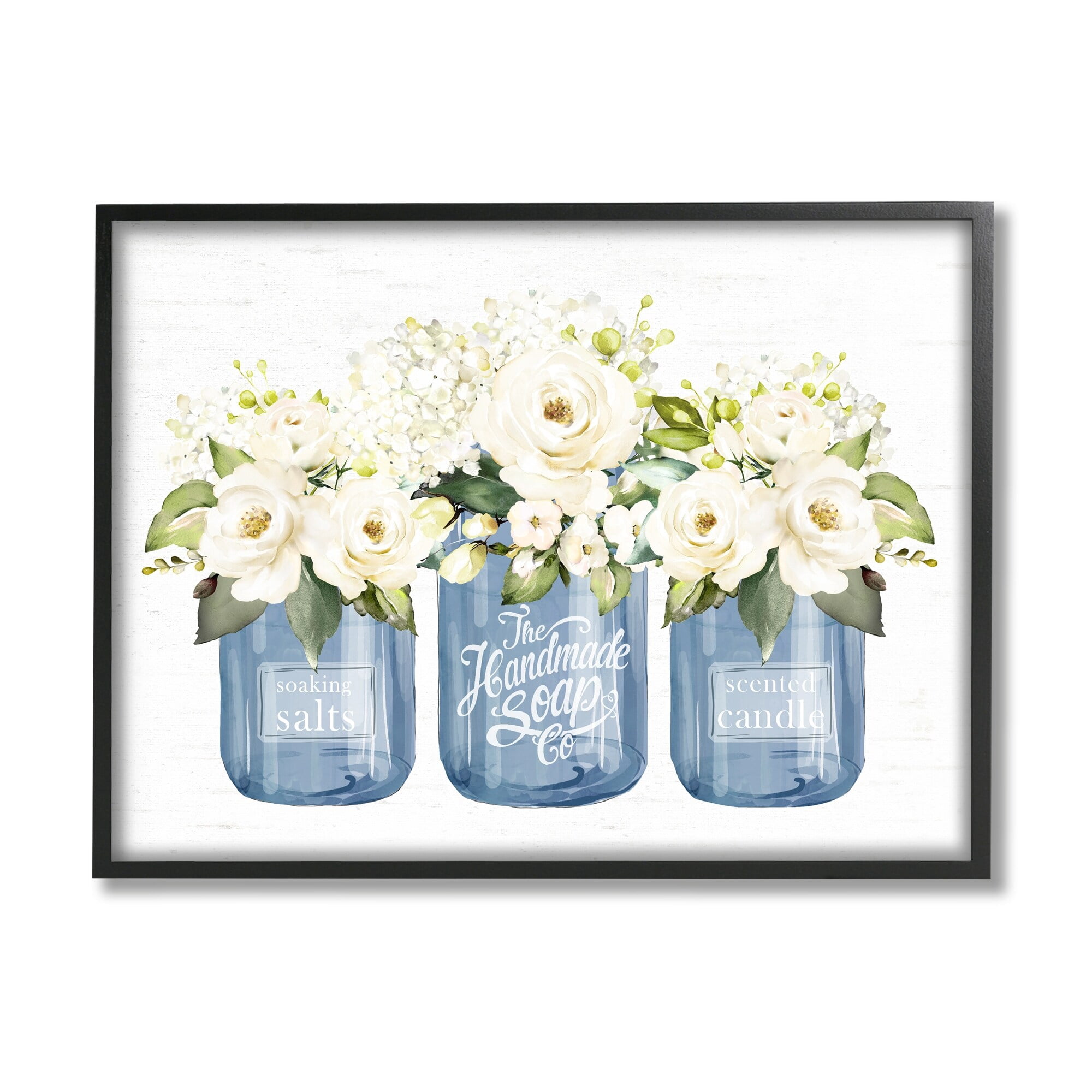Stupell Industries White Rose Flower Bouquets Blue Farmhouse Jars Graphic Art Black Framed Art Print Wall Art, Design by Lettered and Lined