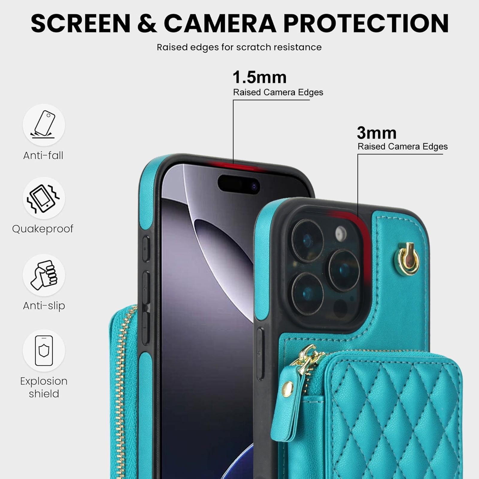 Compatible with iPhone 16 Pro 6.3 inch Wallet Phone Case Tempered Glass Screen Protector Wrist Crossbody Strap Stand Credit Card Holder RFID Slot Cell Cover for i Phone16 i16 16Pro Women Girls Green