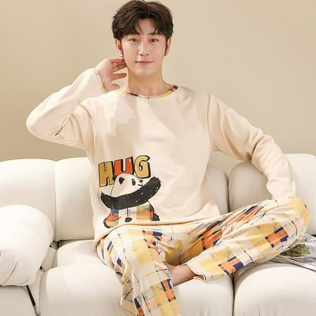 

QWZNDZGR Couple Knitted Cotton Cartoon Panda Pajamas for Women Casual Pyjama Long Sleeved Plaid Pants Sleepwear Sets Fashion Homewear 4XL