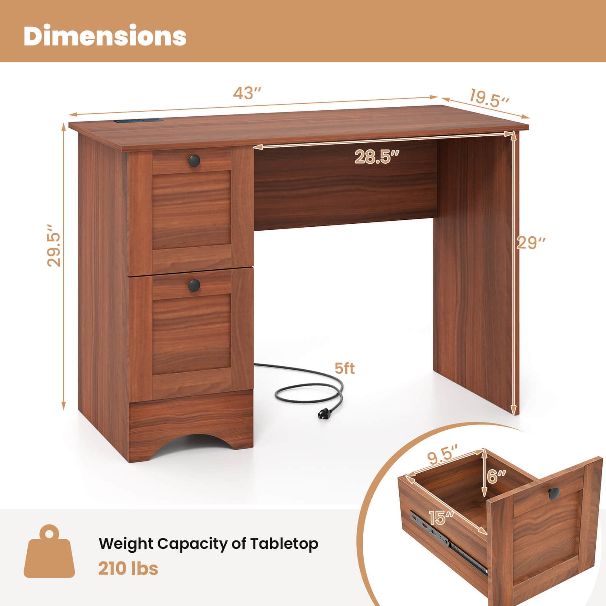 Costway 43" Home Office Desk with Charging Station Compact Study Writing Desk Walnut