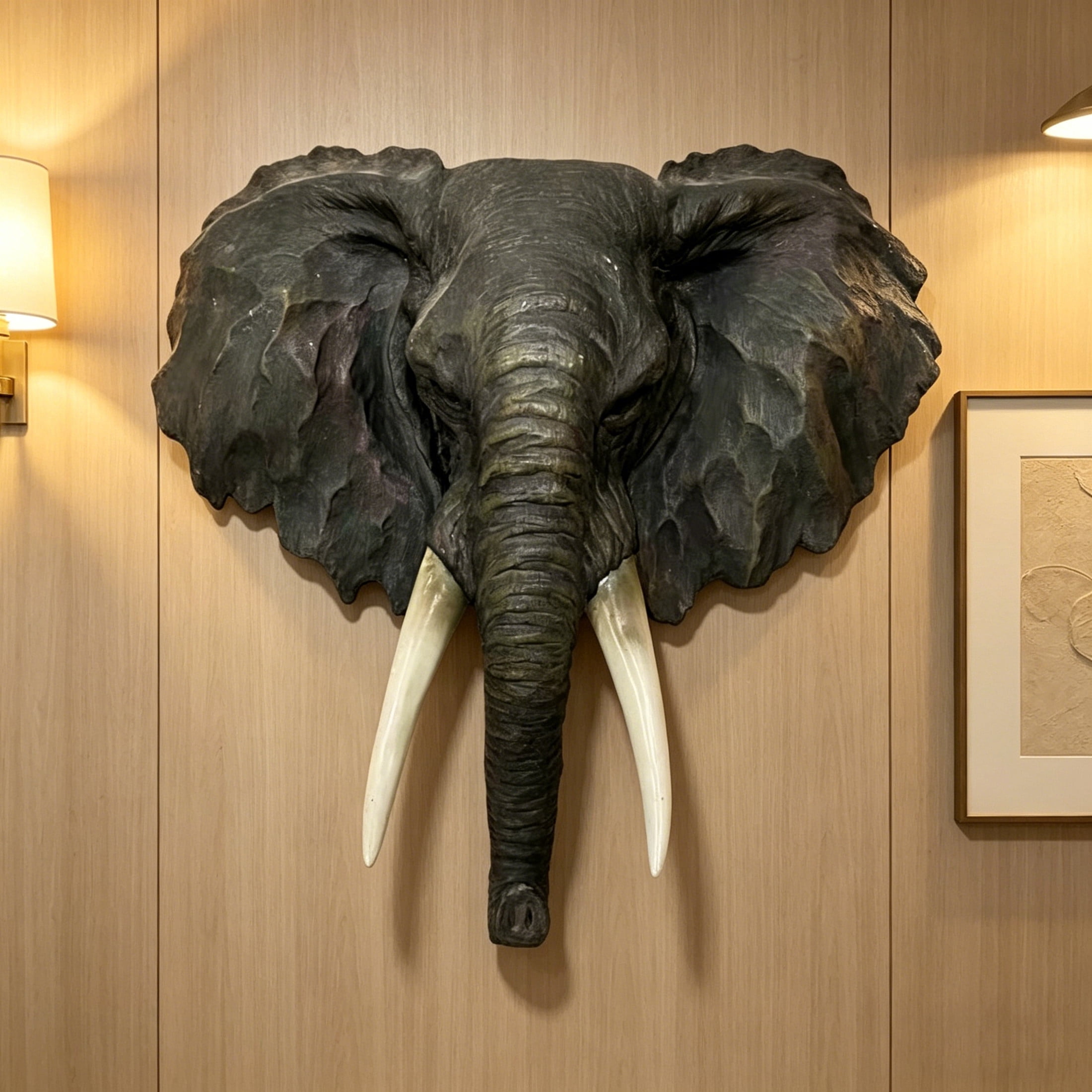 GDF Studio 15" Realistic African Elephant Head Wall Sculpture, Deep Gray Resin Animal Decor Gifts for Wildlife Lovers