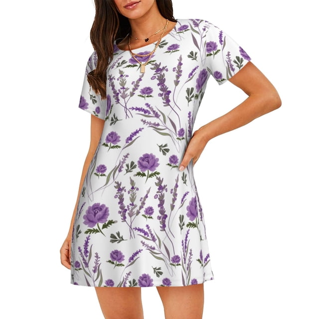 Balery Lavender Flowers Camisón de manga corta con cuello redondo para mujer, cómodo y elegante.