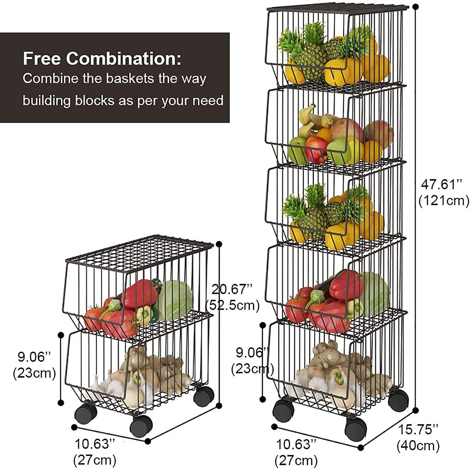 WHIFEA Metal Wire Basket with Wheels and Cover, 5 Tier Stackable Rolling  Fruit Basket Utility Rack, Storage Organizer Bin for Kitchen, Pantry  Closet, Bedroom, Bathroom - Walmart.com