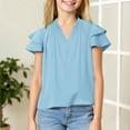 thumbnail image 2 of Taqqpue Girls Ruffle Short Sleeve T Shirts Kids V Neck Casual Shirts Pleated Flowy Solid Color Loose Fit Blouse Cute Fashion Tees Tops 5-14 Years, 2 of 9