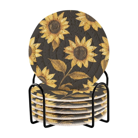 Yayeee 6 PCS Drink Coasters with Holder Set Woven Absorbent Round Tabletop Hot Pad, Black Sunflower Pattern