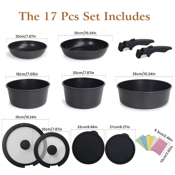 BIBEARBIBEAR 19pcs Nonstick Cookware Set - Pots & Pans for Induction Cooking, Black, Ollas y sartenes antiadherentes para cocina
