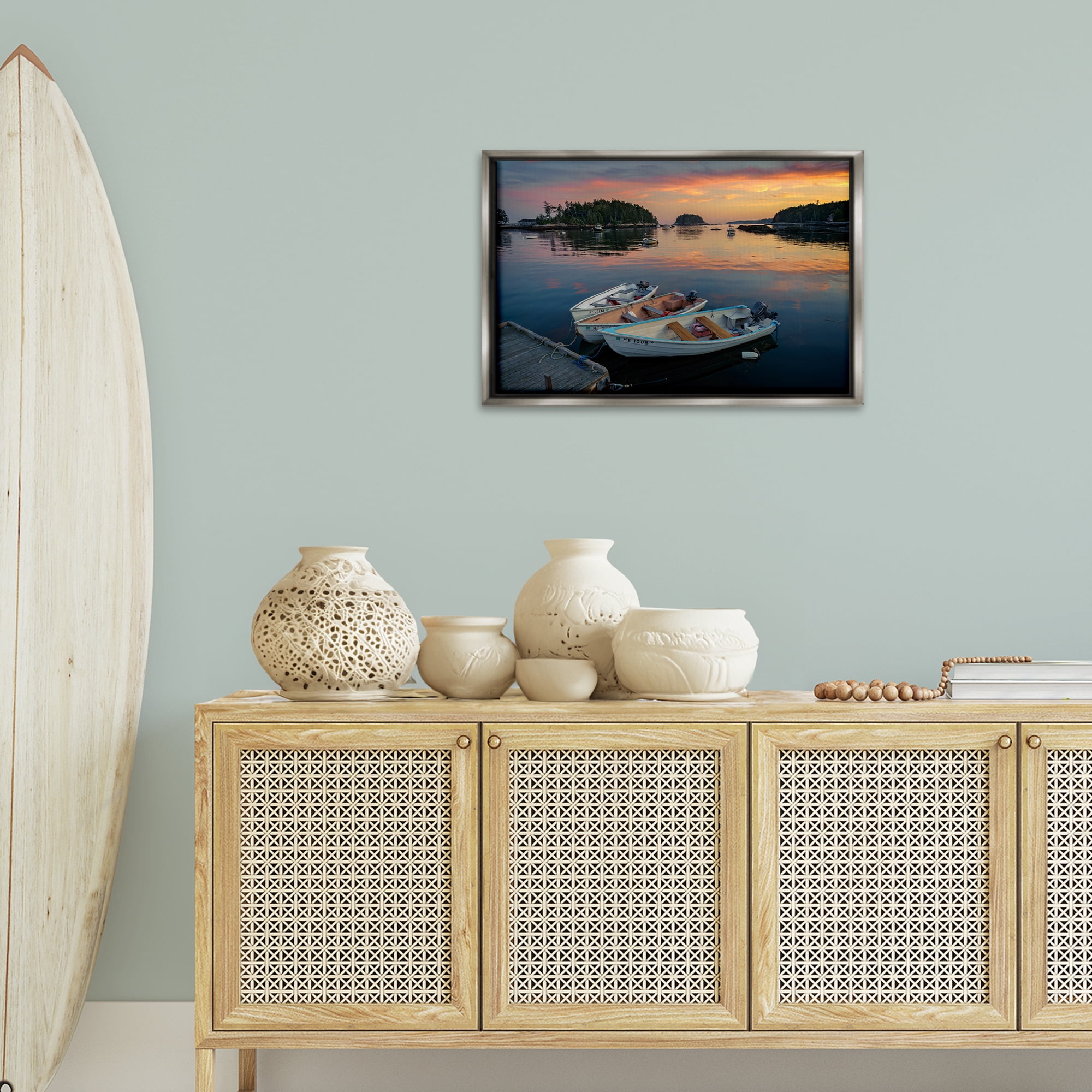 Stupell Industries Three Boats at Sunset Nautical & Beach Photography Gray Floater Framed Canvas Art Print Wall Art, 25 x 17