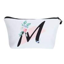 Unique Bargains Personalized Makeup Bag M Letter Purse Small Cosmetic Bag Zipper Monogrammed Makeup Bag Pouch White
