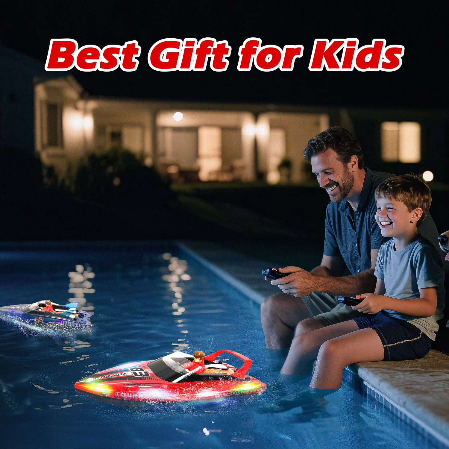 JoyStone 10 Inch RC Boat with LED Lights for Adults and Kids - 2.4Ghz Remote Control Boat for Pool and Lakes, Dual Motor & Low Battery Alarm, Gifts for 8-12 Boys Girls(Red)